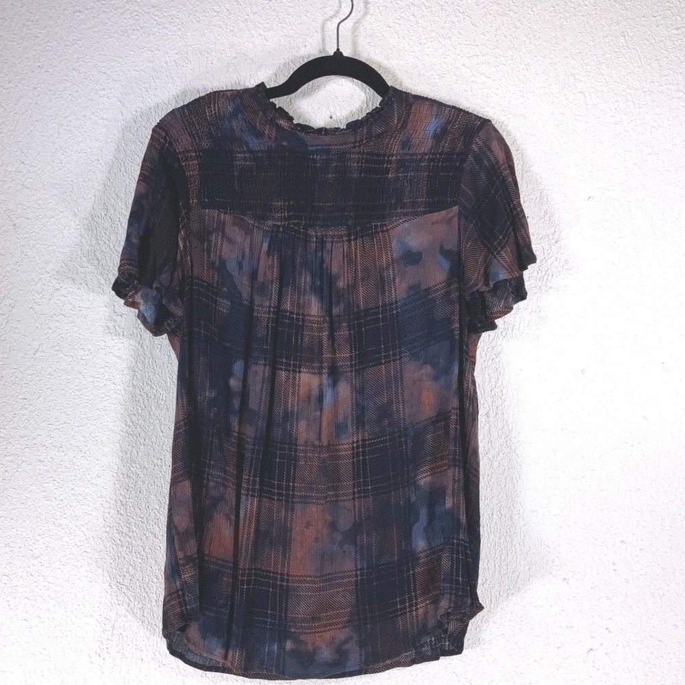 Torrid Blue Brown Plaid Tie Dye Blouse Size‎ 00 Smocked Neck Flutter Sleeve